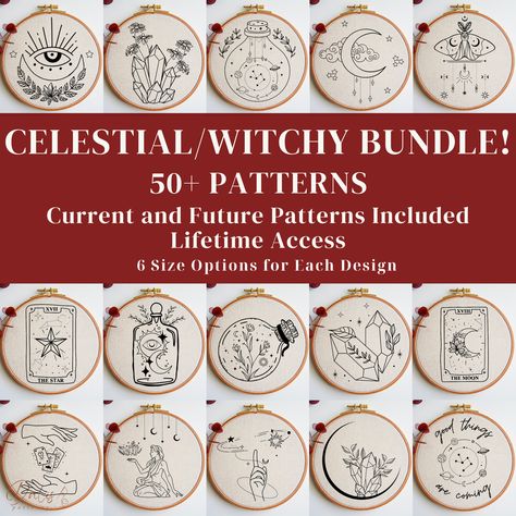 Witchy and Celestial Embroidery PDF Patterns Bundle, Beginner Hand Stitching, Needlepoint Design Files for DIY Hoop Art, Instant Download Digital Files with 6 Different Size options is ready to download in our shop! Reverse images are also included. In 24 hours after your purchase, you will receive a link to our Google Drive. There you will be able to download all of our embroidery patterns and have a lifetime access of all our embroidery patterns. WHAT YOU WILL GET: * PDF templates with 6 different size options for all the categories except Monogram patterns.  * Size options: 3"/7.6 cm, 4"/10.16 cm, 5"/12.7 cm, 6"/16.24 cm, 7"/17.7 cm and 8"/20.32 cm * Size options for Monogram designs: 4 inch/10.16 cm, 6 inch/16.24 cm and 8 inch/20.32 cm * Reverse versions of the patterns in each size op Pagan Embroidery Patterns, Yule Embroidery Pattern, Embroidery Witchcraft, Witchy Sewing Projects, Witchy Embroidery Patterns, Embroidery Witchy, Witchy Embroidery, Celestial Embroidery, Embroidery Beginner