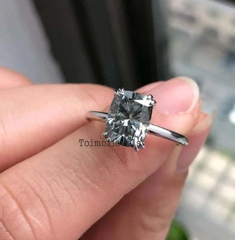 Grey Moissanite Engagement Ring, Grey Moissanite, Gray Moissanite, Ring Hidden Halo, Box Wrapping, Grey Diamond Ring, Halo Wedding Ring, Cushion Cut Diamond Ring, Ring Rosegold