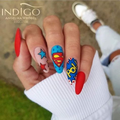 Cute Nails For Women 2023 | Summer Nails Art Superman Nails, Superhero Nails, Marvel Nails, Summer Nails Art, Easter Nail Art Designs, Girls Nail Designs, Beach Nail Art, Pop Art Nails, Nail Drawing