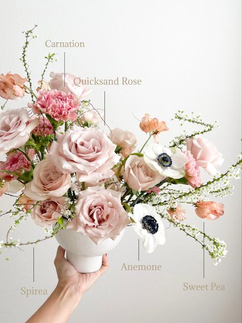 Floral arrangement in shades of pink and white in a white compote Anemone Centerpiece, Whimsical Arrangement, Wedding Floral Arrangements, Pink Flower Arrangements, Table Floral Arrangements, Modern Floral Arrangements, Whimsical Romantic, The Romantics, Chloe Rose