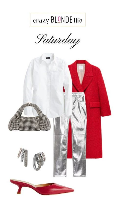 Red Blouse White Pants Outfit, Red And Silver Outfit Ideas, Red And White Holiday Outfit, Silver Metallic Shoes Outfit, Silver And Red Outfit, Silver Pants Outfit Casual, Red And Silver Outfit, Metallic Bag Outfit, Silver Bag Outfit