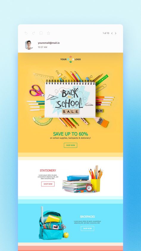 Light blue background with an image of a back to school sale email template, with a yellow background and images of school supplies including crayons, backpacks, scissors and glue. Back To School Email Design, Back To School Stationery, Sale Email, Sale Template, Back To School Sale, Bee Free, Sale Emails, Email Marketing Design, Colourful Design