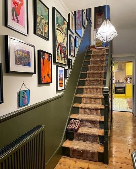 Colours For Stairs And Landing, Entrance Hall And Stairs Ideas, Dado Rail Staircase, Navy Blue Hallway Ideas, Stairs Art Wall, Staircase Design Ideas Small Spaces, Unique Hallway Ideas, Hallway Wall Painting Ideas, Eclectic Stairway