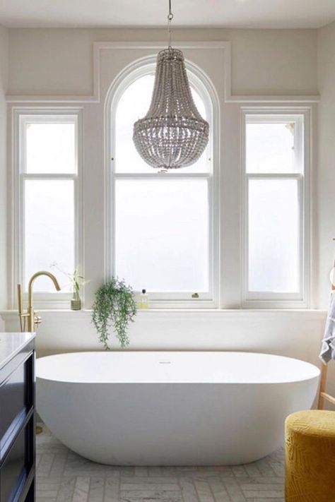 What a transformation... if the freestanding bath, and floor standing bath tap, hasn't added enough drama to the ensuite, the chandeleir completely cements it. Adore! Instagram fionadukeinteriors Modern Traditional Bathroom, Traditional Bathrooms, Bathroom Transformation, Wall Mounted Taps, Victorian Bathroom, Luxury Bathrooms, Standing Bath, Freestanding Bath, Bath Taps