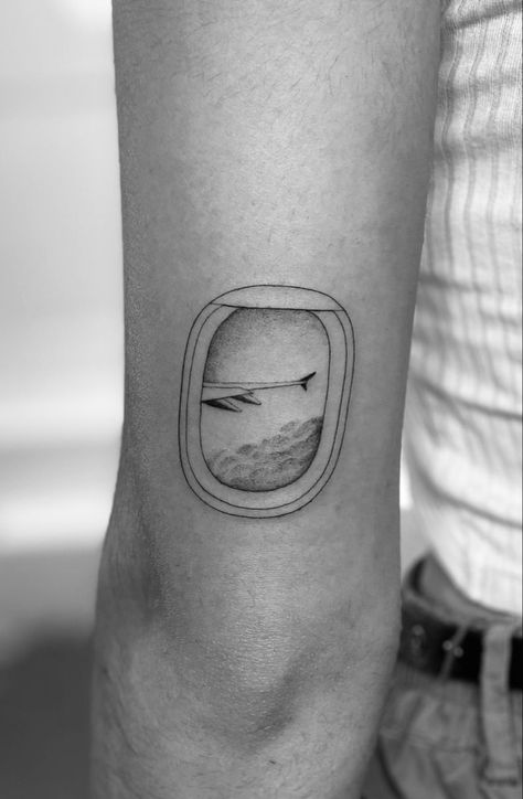 Plane Window Tattoo, Aviation Tattoo, Window Tattoo, Travel Tattoo Small, Around Arm Tattoo, Plane Tattoo, Tattoo 2024, Airplane Tattoos, Travel Plane