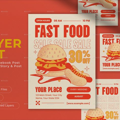 Cream Retro Fast Food Sale Flyer Set Food Special Offer Poster Design, Poster Discount Design, Flyer For Food, Flyer Food Design, Advertisement Poster Ideas, Food Ad Design, Food Flyer Design Ideas, Food Sale Flyer, Food Advertising Design