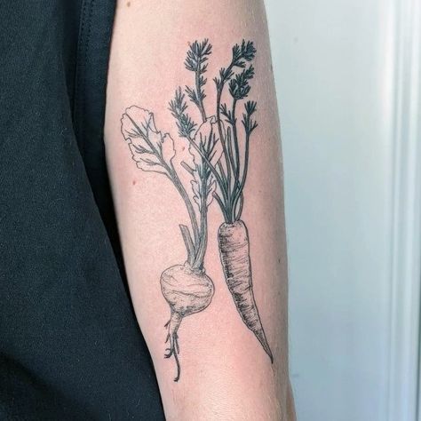 Botanical Vegetable Tattoo, Rutabaga Tattoo, Root Vegetable Tattoo, Fruit And Veggie Tattoo, Farmers Market Tattoo, Food Tattoos For Women, Vegetable Tattoo Ideas, Produce Tattoo, Cabbage Tattoo