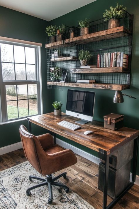 Industrial Study Room Ideas, Home Office Dark Wood Desk, Man Cave Office Ideas Rustic, Home Office Ideas Bookshelves, Home Office Wooden Desk, Wooden Desk Bedroom, Man Space Ideas, Farmhouse Study Room Ideas, Industrial Style Home Office