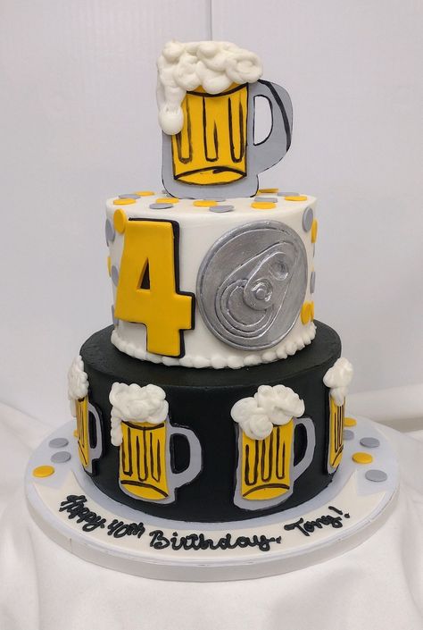 Tiered custom cake for 40th birthday iced in buttercream with fondant design details. Cheers to 40 years! #customcakes #40thbirthdaycake #beer #cheers #americandreamcakes.com #jacksonvillenc 40 Years Cake Men, Birthday Cake For 40 Year Old Man, 40s Birthday Cake Men, 40th Birthday Cakes For Men Beer, 40th Birthday Cakes For Men Whiskey, 40th Birthday Cakes For Men, 40th Birthday Themes, 40th Birthday Men, Ring Cake