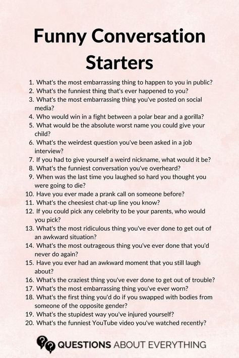 list of 20 funny conversation starters Funny Conversation Starters, Convo Starters, Date Night Questions, Conversation Starter Questions, Deep Conversation Topics, Text Conversation Starters, Questions To Get To Know Someone, Intimate Questions, Deep Conversation