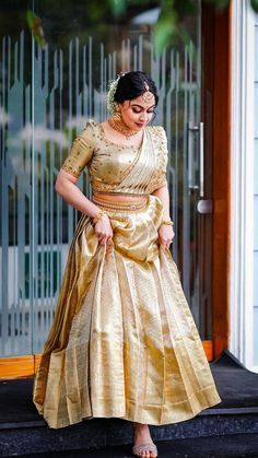 Kerala Style Wedding Dress, Temple Wedding Look Kerala, Bride's Sister Dress Indian, Kerala Wedding Dress For Cousins, Pudava Kodukkal Dress Kerala, Maduramveppu Dress Kerala, Kerala Wedding Saree Hindus, Kerala Lehenga Designs, Kerala Style Engagement Dress