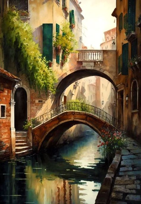 Two Bridges - isaack art studio Bridge Art Paintings, Acrylic Portrait Painting, Watercolor Scenery, Venice Painting, Bridge Painting, Bridge Photography, Italy Painting, Scenery Paintings, Watercolor Elephant