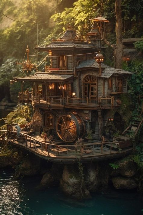 Hidden Mountain House, Fantasy Pirate City, Fantasy Pirate Town, Pirate Town Aesthetic, Pirate Village, Pirate Castle, Pirate City, Pirate Town, Pirate House