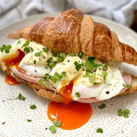 Egg Benedict Sandwich, Eggs Benedict Croissant, Egg Benedict Croissant, Croissant Eggs Benedict, Egg Benedict Plating, Croissant Benedict, Honey Roast Ham, Tipsy Tuesday, Fresh Butter