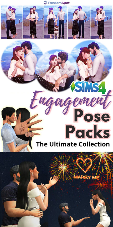 Custom list of engagement-themed pose packs for The Sims 4. Check out the full list for loads of ideas to help your sims get hitched! Ts4 Proposal Poses, Ts4 Engagement Poses, Sims 4 Proposal Cc, Sims 4 Proposal, Wedding Sims 4 Poses, Sims 4 Propose Poses, Sims 4 Wedding Pose Pack, Sims 4 Pack, Finally Engaged