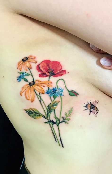 Tattoos For Nieces And Nephews, Flower And Bee Tattoo, Floral Bee Tattoo, Nephew Tattoo, June Tattoo, Bee And Flower Tattoo, Flesh Art, Tattooed Mom, Bees Art