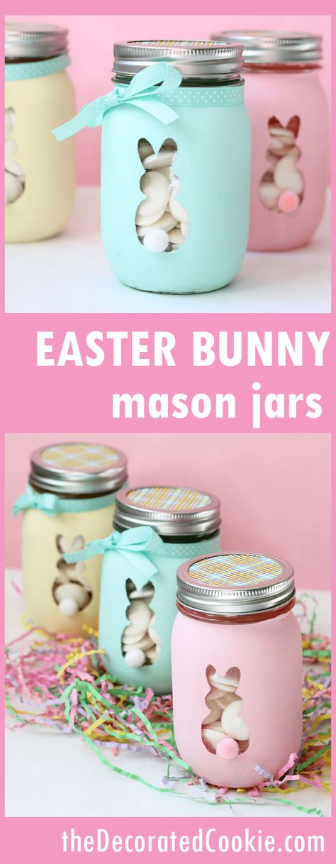 How to paint Easter bunny mason jars! No special machine required. Easter Jars, Diy Osterschmuck, Easter Mason Jars, Mason Jar Projects, Mason Jar Flowers, Wine Bottle Diy Crafts, Mason Jar Crafts Diy, Wine Bottle Diy, Bunny Easter