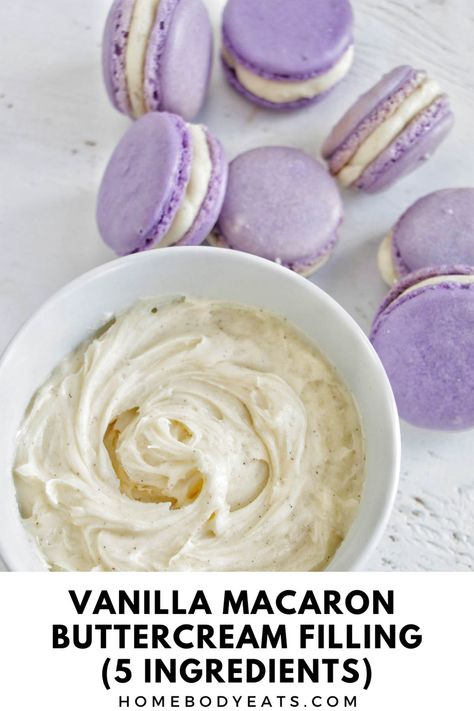 This five-ingredient vanilla buttercream is the perfect macaron filling everyone will love. It's a versatile filling for macarons that can be eaten alone or paired with jam or curd. This is my favorite frosting to sandwich in between my macarons - it's SO delicious! Vanilla Buttercream For Macarons, Buttercream Recipe For Macarons, Butter Cream For Macaron, Macaroons Buttercream Filling, Macaroon Frosting Recipe, Macaron Icing Recipe, Best Macaron Filling Recipe, How To Make Macaroon Filling, Macaroon Buttercream Filling Recipe