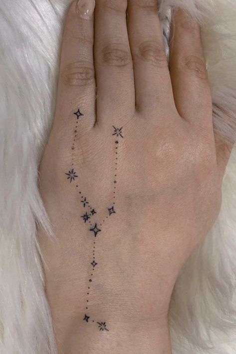 Star Constellations Tattoo Taurus, Taurus Tattoo Hand, Taurus Constellation Tattoo Hand, Tattoo Taurus Constellation, Constellation Tattoo Taurus, Taurus Star Tattoo, Taurus Star Constellation Tattoo, Taurus Aesthetic Tattoo, Constellation Hand Tattoo