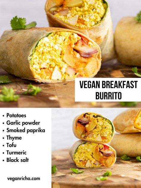 Vegan Breakfast Burrito with 5 Ingredient Tofu Scramble, Breakfast potatoes, chickpea pancake, tomatoes, pepitas and salsa! 25 Gm Protein. High protein breakfast burrito or tacos. Nutfree Recipe. Can be Gluten-free, Soyfree Vegan Burritos, Breakfast Ideas Vegetarian, High Protein Plant Based Breakfast, Vegan High Protein Breakfast, Cheap Vegan Breakfast, Vegetarian Breakfast Burrito, Plant Based Breakfast Burritos, Vegan Breakfast Ideas, Vegan Fry Up Breakfast