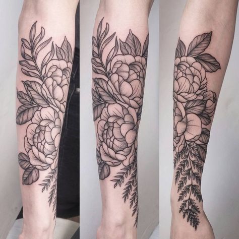 Fern Peony Tattoo, Flowers And Ferns Tattoo, Fern And Floral Tattoo, Flower Fern Tattoo, Fern With Flowers Tattoo, Peony And Fern Tattoo, Fern Flower Tattoo, Botanical Thigh Tattoo, Fern And Flower Tattoo