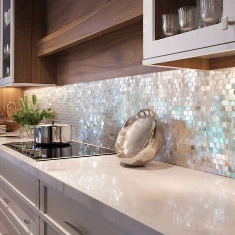 5+ Eye-Catching Modern White Kitchen Backsplash Ideas • 333+ Images • [ArtFacade] White Kitchen Backsplash Ideas, Traditional Backsplash, Pearl Backsplash, Mother Of Pearl Backsplash, Modern White Kitchen, Wooden Countertops, White Kitchen Tiles, White Kitchen Backsplash, Pearl Tile