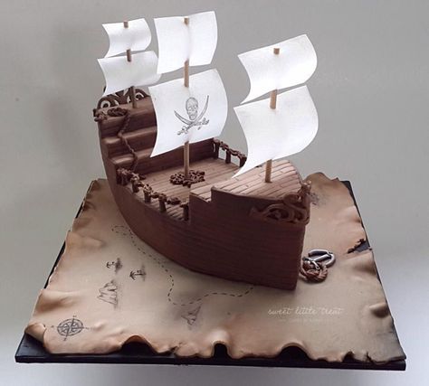 A pirate ship cake made for twin boys 5th birthday. All the details hand painted, the sails are rice paper… So proud of myself for being brave with my airbrush, that thing scares me!!! You can view more of my cakes here:... Pirate Ship Cake, Pirate Birthday Cake, Pirate Ship Cakes, Ship Cake, Boat Cake, Pirate Themed Birthday Party, Incredible Cakes, Pirate Themed Birthday, Cakes To Make