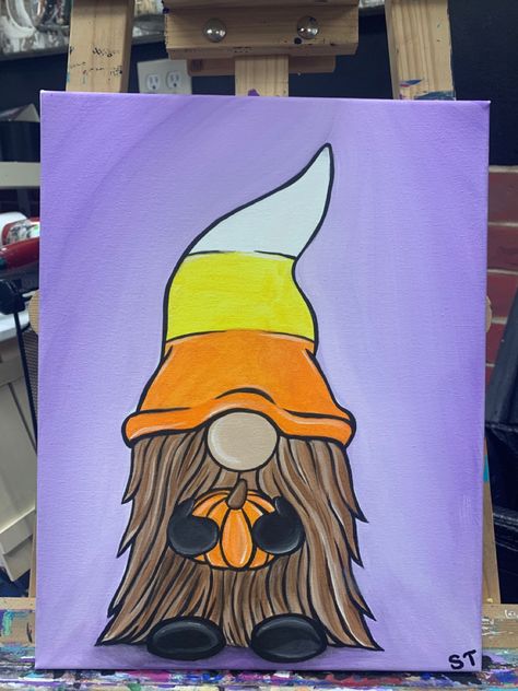 Halloween Nomes Painting, Halloween Small Paintings, Halloween Themed Paintings Easy, Fun Fall Painting Ideas, Mini Pumpkin Painting Ideas Aesthetic, Halloween Gnomes Drawings, Thanksgiving Canvas Painting Easy, Painting Fall Ideas On Canvas, October Paintings Canvas