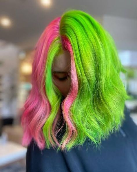 Pink And Lime Green Hair, Watermelon Hair Color, Green Orange Hair, Pink Green Hair, Turquoise Hair Dye, Scarlett Hair, Pink And Green Hair, Short Rainbow Hair, Watermelon Hair