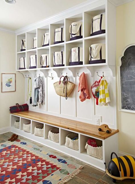 Mudroom uses canvas tote bags as storage. Entry Makeover, Cubby Ideas, House Entry, Diy Storage Bench, Mudroom Organization, Mudroom Decor, Garage Entry, Entrance Ideas, Entryway Bench Storage