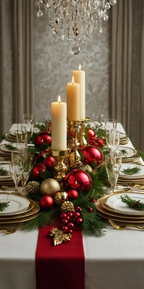 20+ Stunning Christmas Tablescape Settings and Decorating Ideas - HubPages Christmas Dinning Ideas, Velvet Christmas Table Setting, Christmas Table Clothes, Red Christmas Dinner Table Decor, Elegant Christmas Dinner Table, Christmas Decor For Dinner Table, Gold And Red Christmas Table Decor, Christmas Decor Center Table, Christmas Cocktail Table Centerpiece