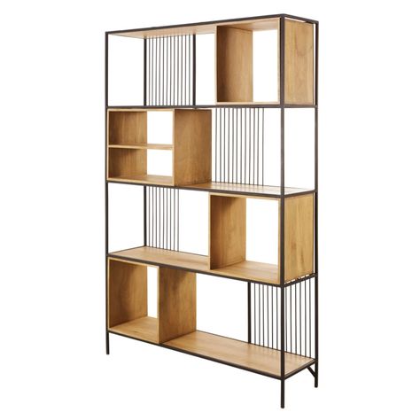 Solid Mango Wood and Black Metal Shelving Unit Wayampi | Maisons du Monde Industrial Racks, Metal Living Room, Wood Shelving Units, Metal Shelving Units, Door Design Modern, Living Room Partition Design, Room Partition Designs, Living Room Shelves, Partition Design