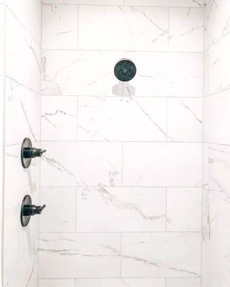 Tiles For Shower Walls, Tile Shower Shelf, Stone Shower Floor, Large Tile Bathroom, Large White Tiles, Master Shower Tile, Large Shower Tile, White Shower Tile, Marble Shower Walls