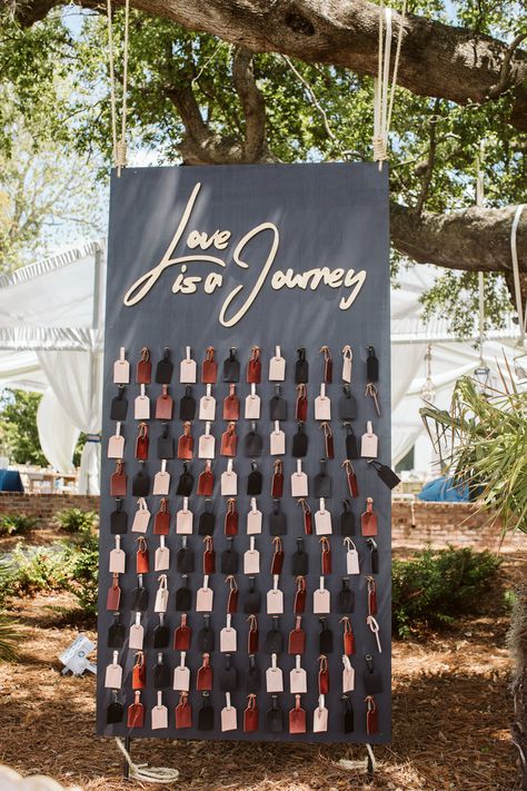 Love is a journey themed escort sign for Charleston wedding #tablesettings Bridesmaids Brunch, Favor Display, Popular Wedding Themes, Wedding Favor Table, Creative Wedding Favors, Wedding Themes Summer, Wedding Themes Fall, Travel Theme Wedding, Wedding Favors Cheap