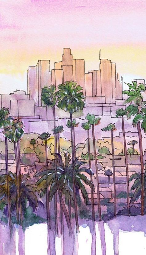 Resonance Art, Los Angeles Painting, City Watercolor Painting, Skyline Watercolor Painting, California Drawing, Watercolor Tattoo Artists, Los Angeles Wall Art, Los Angeles Poster, Az Art