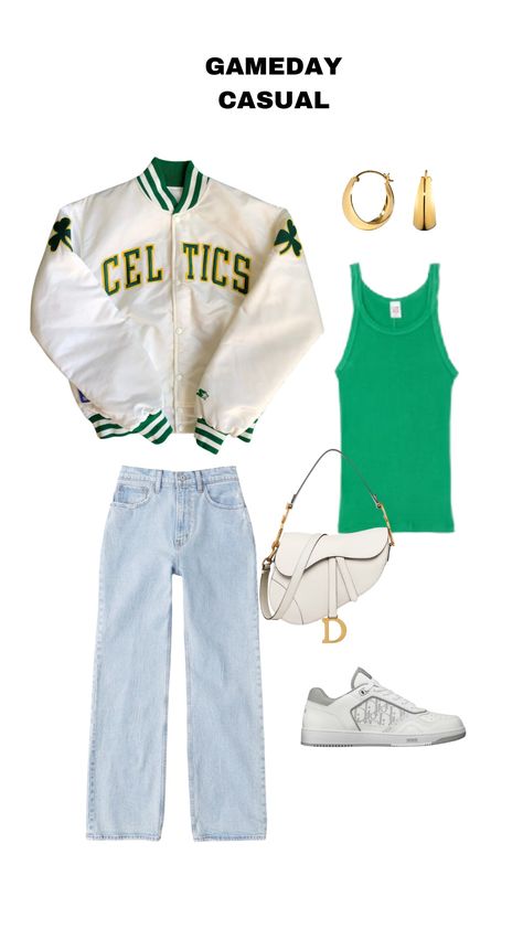 Boston Celtics Game Outfit Women, Womens Nba Game Outfit, Gameday Outfit Basketball, Back To School Outfits Sophomore, Boston Celtics Outfit Woman, Trendy Gameday Outfit, Celtics Outfit Women, Green Gameday Outfit, Celtics Game Outfit Women