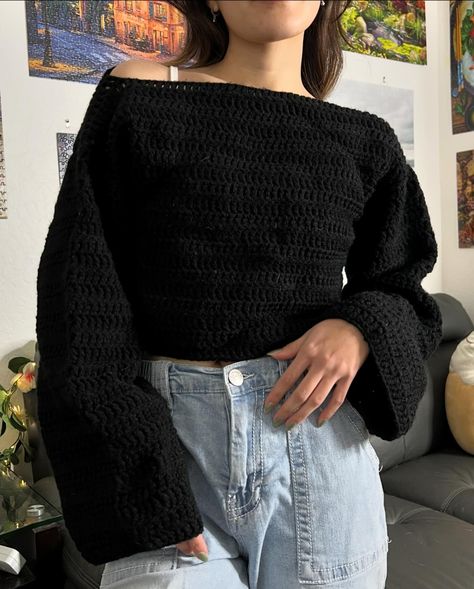 crochet sweater tutorial & free pattern out now! super basic, so you can customize it (I made mine cropped and off-shoulder!) it uses treble crochets, so it works up quick and it drapes very well. it can easily be subbed for a different stitch, though! pattern is also available in #3 and #4 yarn! the multicolored one is DK yarn and the black one is medium weight yarn #crochetsweaterpattern #crochetsweater #crochettop #crochettops #crochetpattern #crochetinspo #crochetideas Drop Shoulder Sweater Pattern, Crochet Sweater Tutorial, Black Crochet Sweater, Sweater Tutorial, Crochet Sweater Pattern Free, Medium Weight Yarn, Crochet Clothing And Accessories, Treble Crochet Stitch, Crochet Fingerless Gloves