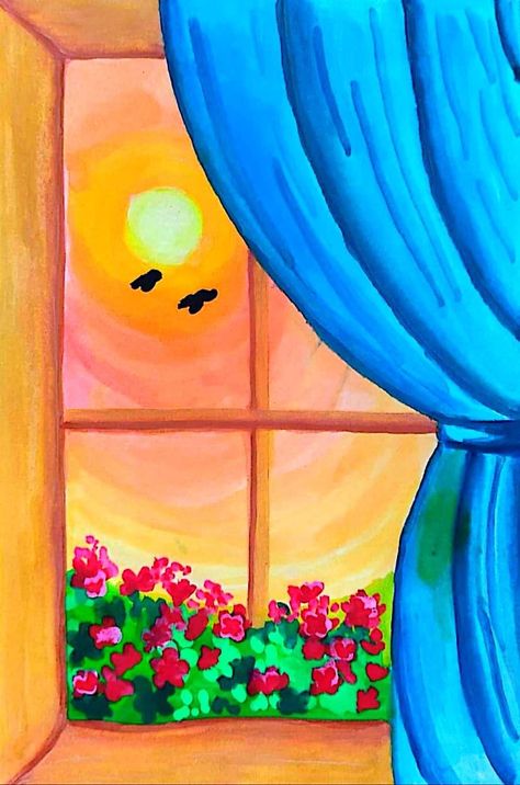 Oil Color Painting Ideas Easy Cute, View From A Window Drawing, Window View Painting Easy, Painting Ideas Poster Colours, Simple Poster Colour Painting, Window View Drawing, Sunflower Drawing Easy, Vintage Art Deco Interior, Kids Painting Class