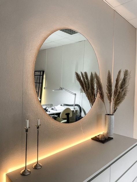 Circular Wall Mirror, Round Mirror Ideas Living Room, Living Room Circle Mirror, Bedroom With Circle Mirror, Wall Mirror Circle, Circle Mirror Living Room Decor, Mirror Circle Wall Decor, Led Circle Mirror, Circular Mirrors On Wall Decor