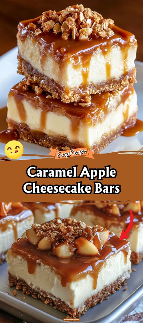 Experience autumn in every bite with Caramel Apple Cheesecake Bars. A buttery crust topped with creamy cheesecake, spiced apples, and a drizzle of rich caramel sauce—it's like your favorite fall flavors rolled into one delightful bar. #CaramelApple #CheesecakeBars #FallBaking Apple Cheesecake With Caramel Sauce, Caramel And Apple Desserts, Cheesecake Apple Bars, No Bake Caramel Apple Cheesecake Bars, No Bake Caramel Apple Cheesecake Trifle, Caramel Apple Boards, Spiced Apple Dessert, Carmel Apple Cheesecake Bars Recipe, Sweet Potato Pie Cheesecake Bars