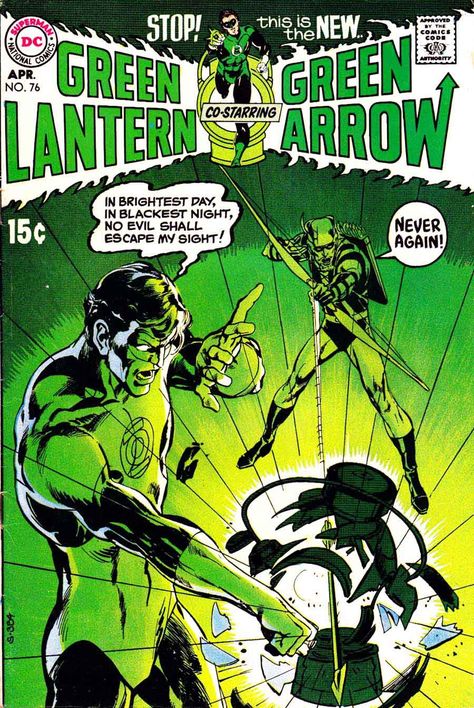 Green Lantern Green Arrow #76 dc comic book cover art by Neal Adams Green Lantern Green Arrow, Arrow Dc, John Diggle, Classic Comic Books, Comic Book Superheroes, Comic Cover, Dc Comic Books, Blackest Night, The Guardians