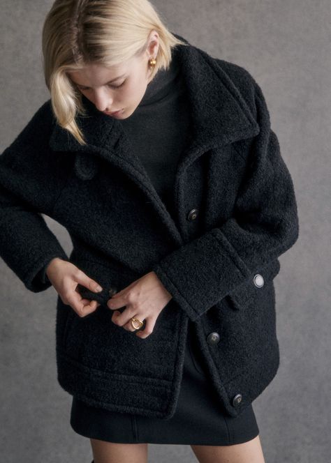 Short coat;High collar with button placket;Side pockets with flaps and button closure;Front button placket;Lined;Length from shoulder 68 cm / 26.8 in (for a 36) Winter Coat 2024, Wool Coat Short, Short Wool Coat, Wool Short Coat, Winter Coat Short, Vogue Style, Black Wool Coat, Short Coat, Black Wool