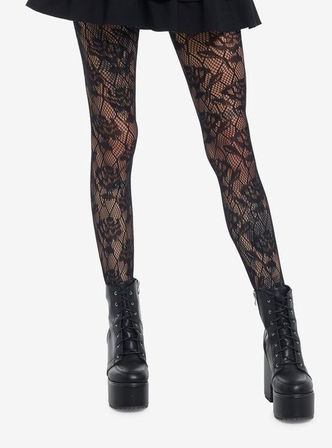 Let your look bloom with these fishnet tights! This black pair features rose and vine designs allover.92% nylon; 8% spandexHand wash cold; drip dryImported Red And Black Tights, Gothic Skirt Outfit, Red Tube Top Outfit, Goth Staples, Fishnets Aesthetic, Fishnet Trend, Black Lace Tights, Fishnets Outfit, Goth Tights