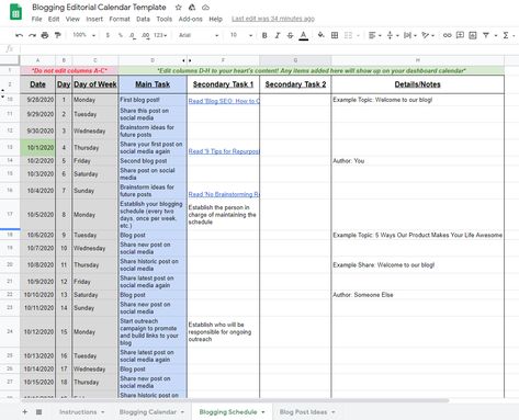 A Blog Editorial Calendar Template That Will Save You Time Content Schedule Template, Weekly Content Schedule, Excel Social Media Calendar, Editorial Calendar Example, Social Media Calendar Template Excel, Editorial Calendar Template, Blog Calendar, Content Calendar Template, Schedule Calendar