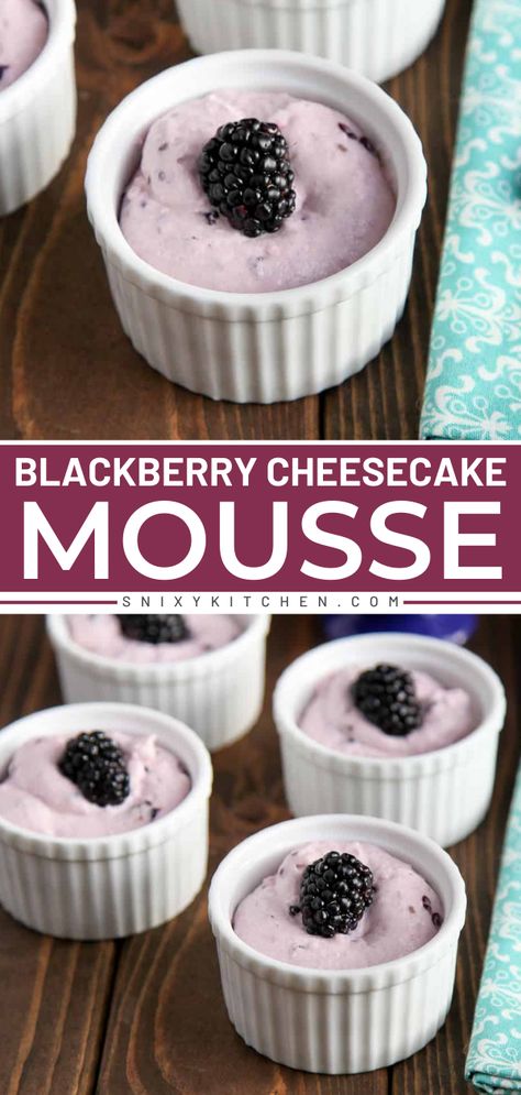 Here's an easy summer sweet treat to try! This Blackberry Cheesecake Mousse is light and airy, with just a hint of fresh sweetness. Add this homemade mousse recipe to your best summertime desserts! Recipes For Blackberries, Blackberry Cream Pie, Gf Summer Desserts, Things To Do With Blackberries, Easy Blackberry Dessert, Recipes Using Blackberries, Blackberry Pretzel Dessert, Blackberry Snacks, Blackberries Recipes Easy