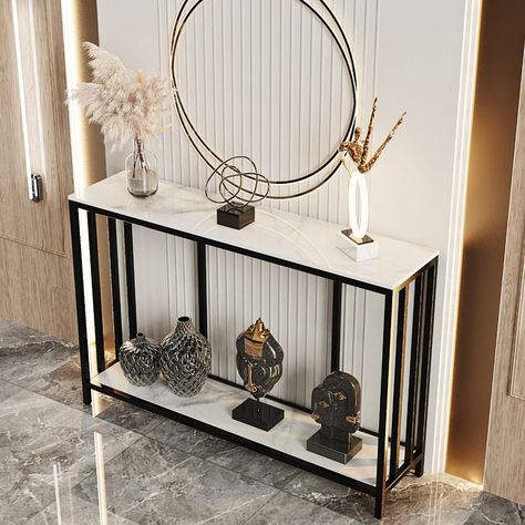 This elegant console table will be your best choice if you are looking for furniture to spice up your entryway or living room, made with sintered stone tabletop, features natural textures and beauty of marble, higher toughness and density, non-permeable, anti-scratch surface with high temperature resistance. Compact enough for the entrance hall, with 2 tier storage shelves for placing your keys or plants, framed photos, baskets or decorations. You can hang a wall mirror or an art painting a... Stone Entryway, Marble Top Console Table, Long Console Table, White Console Table, Stone Table Top, Narrow Table, Elegant Console Table, Contemporary Console Table, Marble Console Table