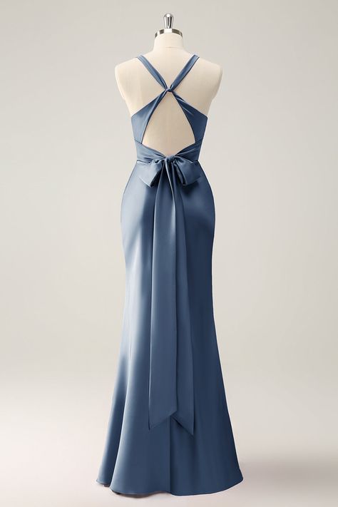 Dusty Blue Mermaid V Neck Satin Long Bridesmaid Dress Deep V Neck Bridesmaid Dress, Royal Blue Dress Elegant, Mermaid Silk Dress, Steel Blue Dresses, Navy Blue Backless Dress, Dusty Blue Silk Dress, Elegant Backless Prom Dresses, Wedding Party Guest Outfits, Silk Prom Dress Satin Open Backs