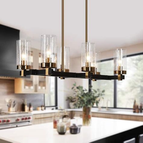 Yilia Modern Farmhouse 6-Light Black Gold Chandelier Linear Island Lights for Dining Room - On Sale - Bed Bath & Beyond - 35455513 Dining Room Chandelier Modern Contemporary, Brass Dining Room Chandelier, Modern Dining Room Light Fixtures, Modern Dining Room Lighting, Gold Light Fixture, Dining Room Chandelier Modern, Linear Island Lighting, Farmhouse Kitchen Lighting, Black Kitchen Island