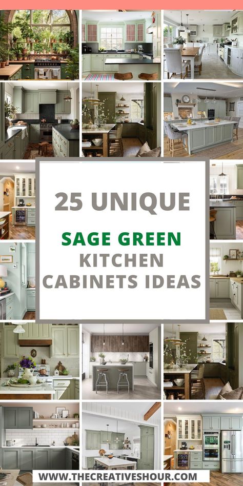 Discover the charm of sage green kitchen cabinets! Perfectly balanced with light, airy white countertops for a refreshing vibe. Imagine a cozy farmhouse feel with a sturdy butcher block, or go modern with sleek black counters. Embrace Boho-chic with granite touches and a rustic two-tone palette. Picture these cabinets against a dark or grey floor, adding depth to your space, or opt for a classic tile floor. Don't forget the backsplash – it's the final touch to your dream kitchen! Sage Green Kitchen Brown Granite, Green Kitchen Cabinets With Granite, Green And Grey Kitchen Cabinets, Green Kitchen Cabinets Modern, Kitchen Backsplash With Green Cabinets, Grey Green Kitchen Cabinets, Green Kitchen Island White Cabinets, Green Kitchen Cabinets Butcher Block, Green Cabinets With Butcher Block