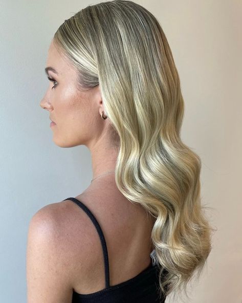 Slick Back Down Hairstyles Wedding, Medium Wedding Hairstyles Down, Slick Middle Part Hair Down, Front Slicked Back Hair Down, Slick Back Down Hairstyles, Front Pieces Slicked Back Hair Down, Sleek Front Hair Down, Bridal Down Hairstyles, Long Hair Bridal Hairstyles